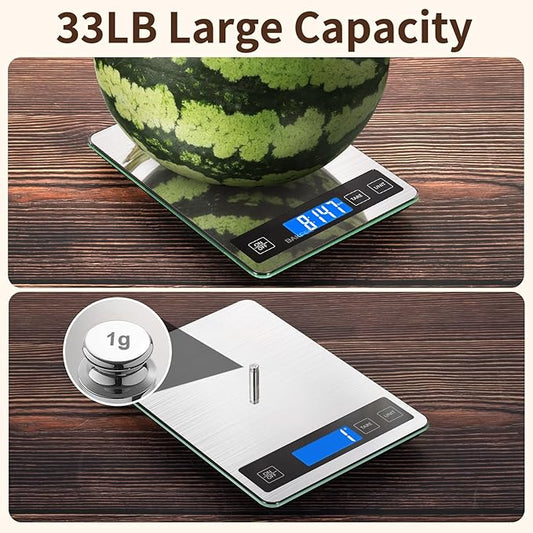33LB Digital Kitchen Scale with Tempered Glass and Stainless Steel Surface, 1g/0.1oz Food Scale with Backlight Display, AAA Batteries, for Baking, Making Sourdough Bread, Meal Prepping Black