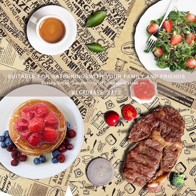 OTOPETE 300Pcs Food Paper Sheets, 12"x12" Greaseproof Paper Sheets, Three Patterns Kraft Paper, Food Basket Liner, Tray Liner, Wrapping Bread Hamburger Sandwiches, for Family, Bakery, Picnic, Party