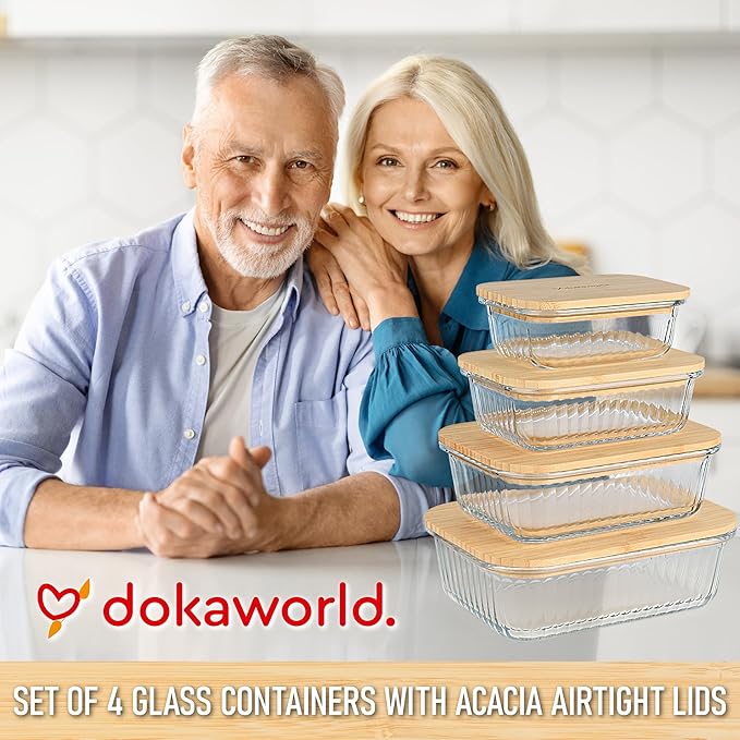 Set of 4 Stackable Space-Saving Nesting Glass Containers with Airtight Bamboo Lids - Lunch, Meal & Food Prep - Microwave & Oven Safe BPA Free Durable Heat Resistant Inert Borosilicate Glass