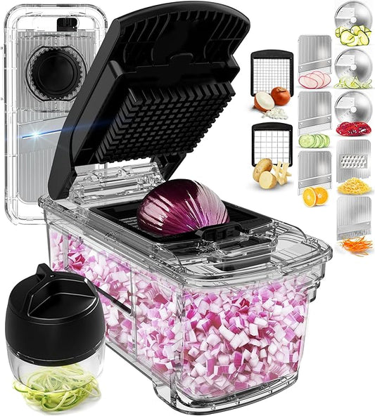 Fullstar All-in-1 Vegetable Chopper and Mandoline Slicer for Kitchen - Cheese Grater, French Fry Cutter, Cheese Slicer - Bonus Handheld Spiralizer Included (6 in 1, Clear)