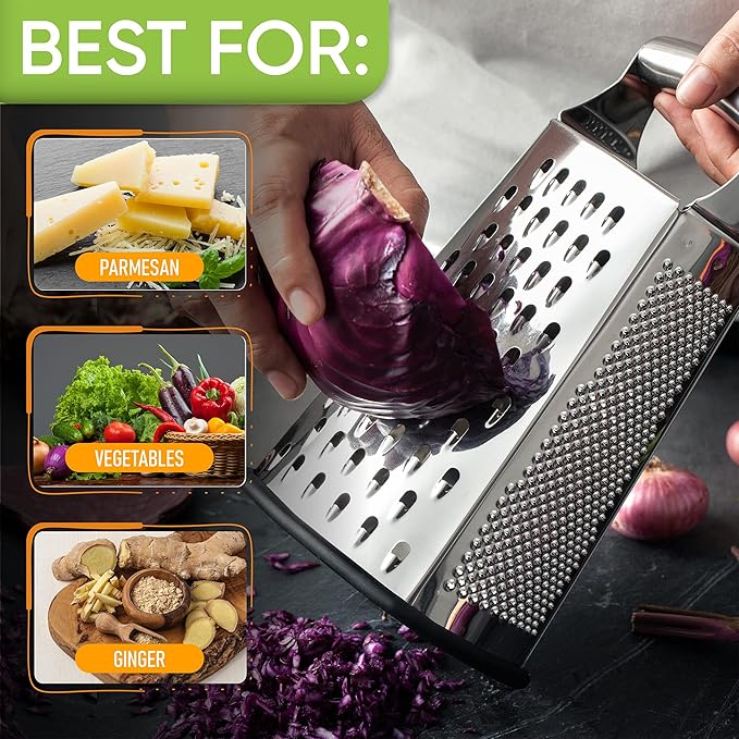 Spring Chef Professional Box Grater, Large & Stainless Steel Measuring Cups and Spoons, Round, Set of 15-2 Product Bundle
