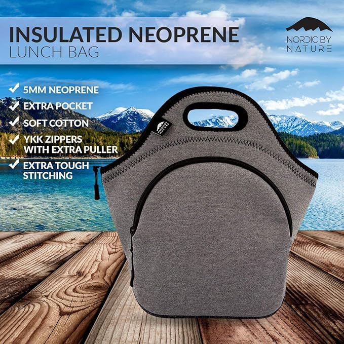 Nordic By Nature Large Neoprene Lunch Bag for Women & Lunch tote for Kids Insulated Lunch bag Reusable Washable Thick Neoprene & Soft Cotton Feel, Premium Stitching, Outside Pocket, (L) Grey/Black