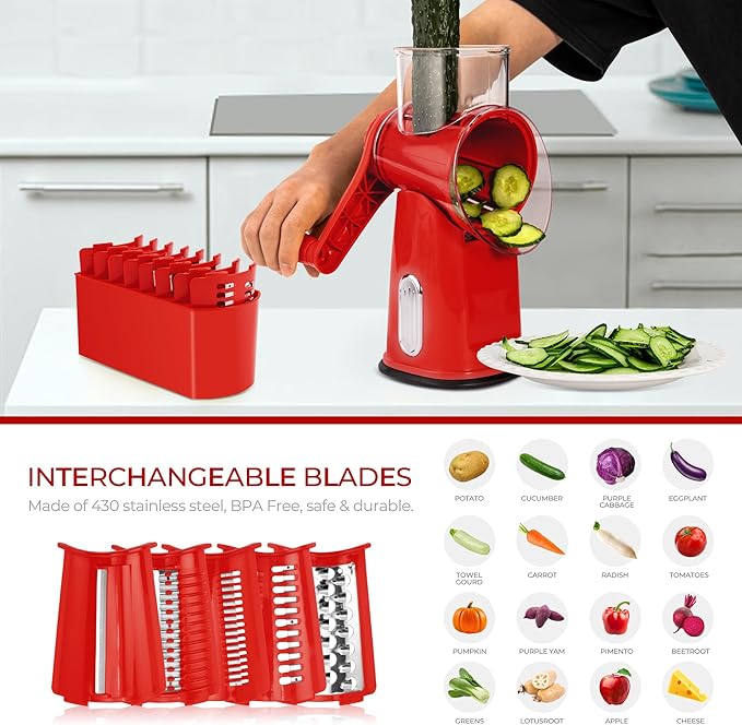 SUSTEAS Rotary Cheese Grater with Handle - Vegetable Shredder with 5 Well-designed Blades & Strong Suction Base,Round Mandoline Slicer & Food Chopper for Kitchen,with Blade Storage Box(Red)