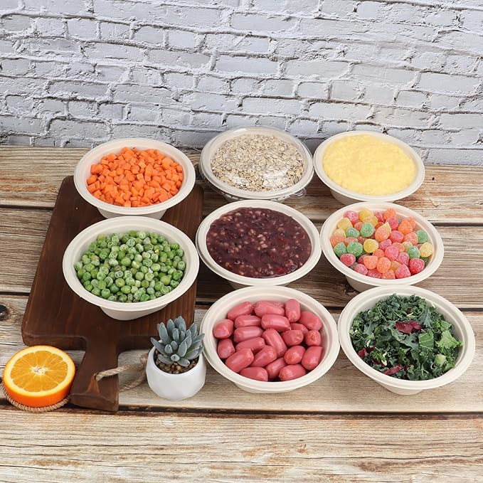 16 oz Round Disposable salad bowls with lids, Sugarcane Fiber Paper Bowls take away food containers Plant Fibers Freezer Safe 50 Pack