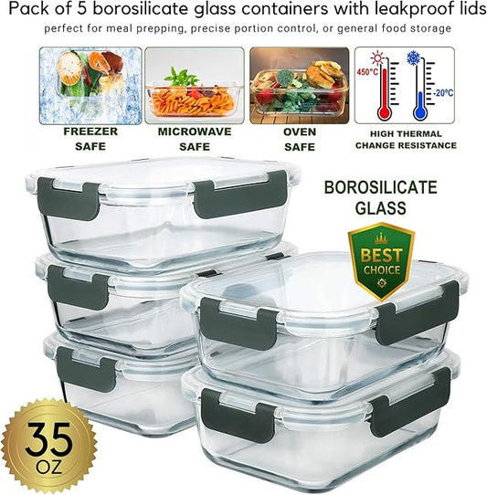 Brieftons Glass Meal Prep Containers: 5 Pack, 35 Oz with Airtight, Leakproof Snap Locking Lids, Perfect for Food Storage, Lunch & Portion Control, BPA-Free, Microwave, Oven, Freezer & Dishwasher Safe