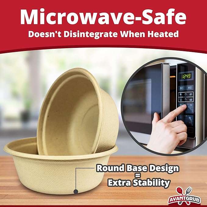 Leak-Proof, Compostable 11.5 oz Bowls 100 Pack. Sturdy, Plant-Based, Microwave Safe Sugarcane Containers for Soups, Salads, Desserts. BPA-Free, Soak-Proof Disposable Bowl for Hot or Cold Meals, Snacks