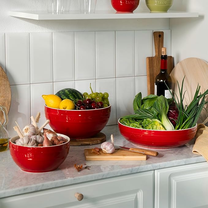 STAUB Stoneware Ramekins Ceramic 2-pc Nested Mixing Bowl Set-Cherry