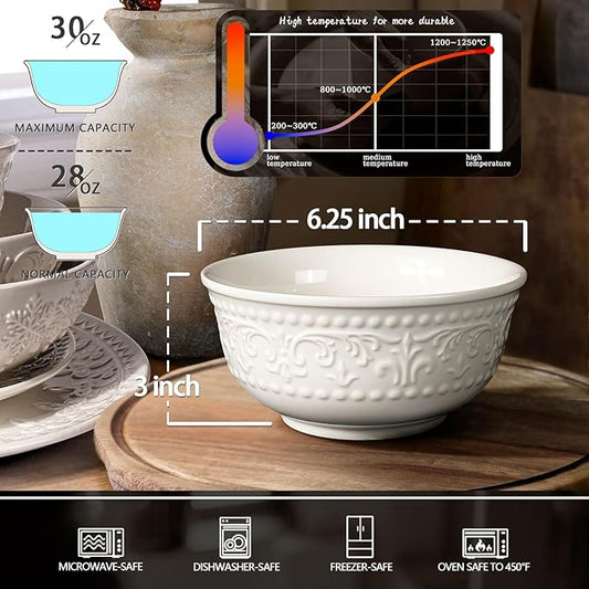 Cereal Bowls Set of 4 - Ceramic Soup Bowls for Kitchen 30 Oz Embossment White Breakfast Bowls for Rice, Pasta, Fruits, Salad, Ramen, 6.25 Inch, Dishwasher & Microwave Safe (Multiple Patterns)