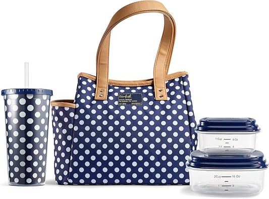 Fit & Fresh Lunch Bag For Women, Insulated Womens Lunch Bag For Work, Leakproof & Stain-Resistant Large Lunch Box For Women With Containers and Matching Tumbler, Zipper, Westerly Lunch Bag, Navy Dot