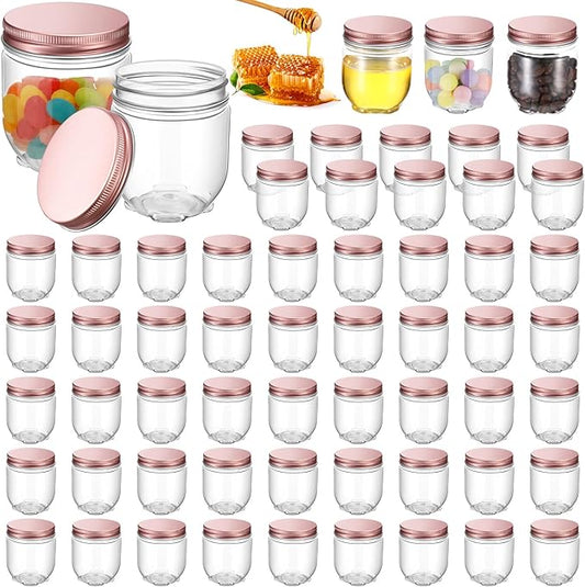 Tanlade 60 Pcs 4 oz Clear Plastic Wide Mouth Mason Jars with Lids Small Honey Jar Mini Storage Containers Bulk for Herb Jelly Butter Wedding Favors Shower Party(Rose Gold)