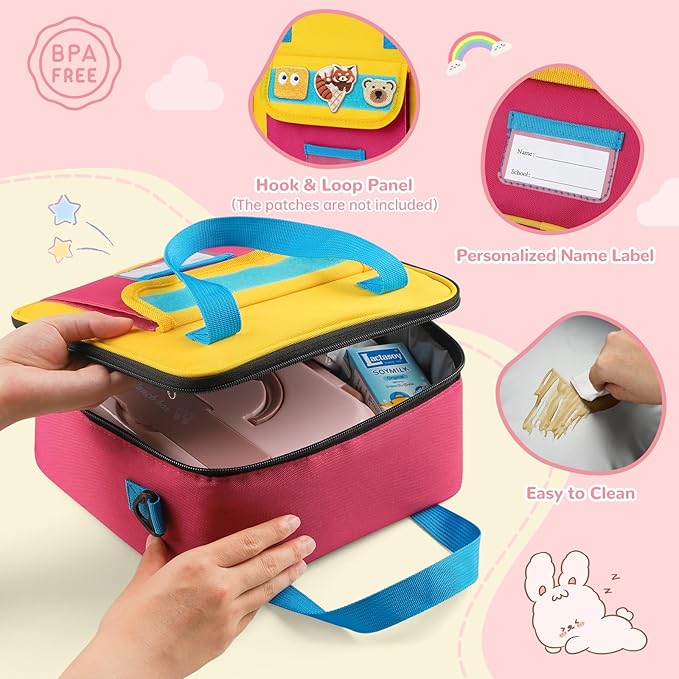 REDSHELL Tactical Lunch Box Kids, Large Insulated Lunch Bag for Girls, Cooler Lunchbag, Square Toddler Lunchbox, School Daycare Lunch Tote Pail with Water Bottle Holder Shoulder Strap, Pink Blue