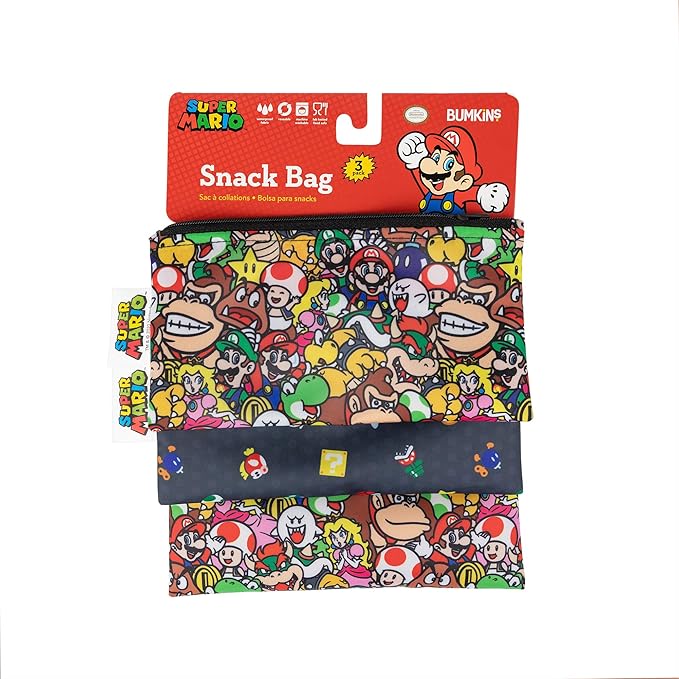 Bumkins Nintendo Reusable Sandwich and Snack Bags, for Kids School Lunch and for Adults Portion, Washable Fabric, Waterproof Cloth Zip Bag, Travel Pouch, Food-Safe, 3-pk Super Mario