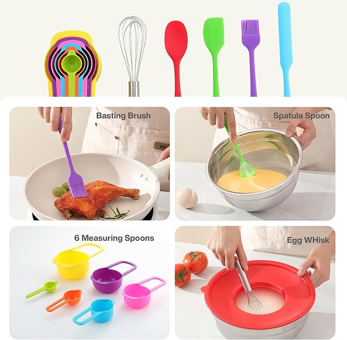 Mixing Bowls with Lids Set of 7PCS Stainless Steel Mixing Bowls, Mixing Bowl Set for Baking Cooking Food Prep & Non-Slip, Includes Measuring Cups Spoon brush whisk and other 11 Kitchen Tools