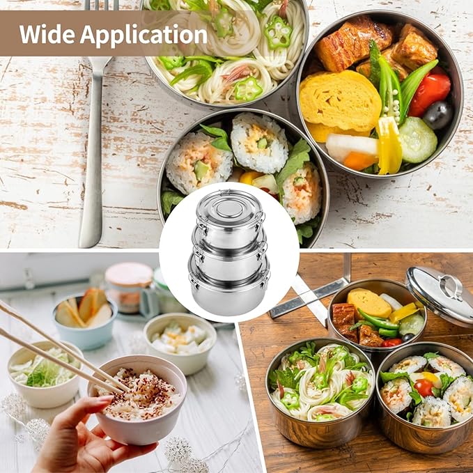 3 PCS Bento Box Set, 304 Stainless Steel Leak-Proof Food Storage Containers, Dishwasher Safe Lunch Boxes, Round Airtight Stainless Steel Containers, 660 ML 1040 ML 1950 ML Sizes