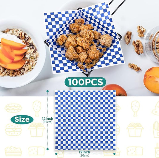GeeRic Waxed Deli Paper Sheets 12 * 12 Inch, 100 Pcs Food Basket Liners for Sandwiches, Burgers, Checkered Deli Wrap Wax Paper Sheets Blue
