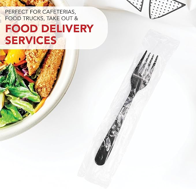 Party Essentials Individually Wrapped Black Plastic Utensil Sets/Heavy Duty Flatware Packs, Fork, 100 Sets