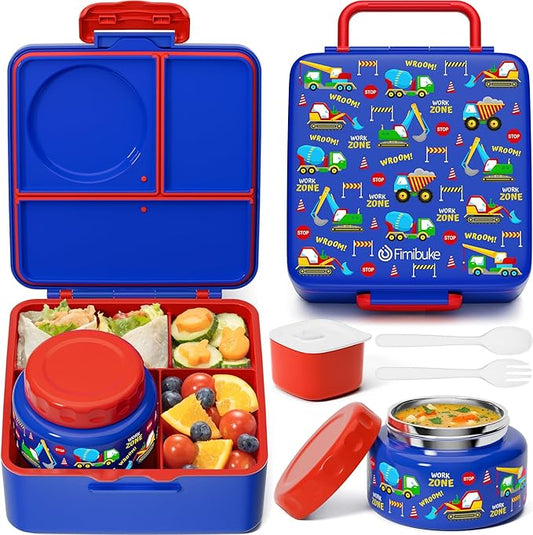 Fimibuke Bento Box for Kids Adult, BPA Free & Leakproof Toddler Lunch Box with 8.5oz Insulated Thermos Food Jar, Utensils & Sauce Jar, Dishwasher Safe 3 or 4 Compartment Container for School Girl Boy