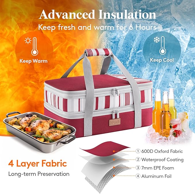 Lifewit Expandable Insulated Casserole Carrier for Hot or Cold Food, Double Decker Food Bag Lasagna Holder Carry Tote for Potluck Parties/Picnic/Cookouts, Fits 9"x13" Baking Dish, Red