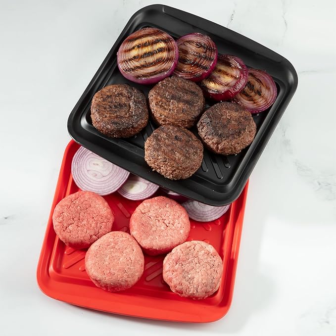 Cuisinart Grilling Prep & Serve Trays, 10.5x10.5 inch Small BBQ Tray Safe for Food Handling, 2 Dishwasher Safe Nesting Trays Black & Red, Perfect Grilling Tray for Cooked & Raw Meat, Fits 4 Burgers