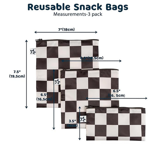 Tiny Twinkle 3 Pack Reusable Snack Bags - Machine Washable, PFAS, PVC, BPA, Phthalate-Free Reusable Baby and Toddler Food Safe Snack Bags (Black Checkers)