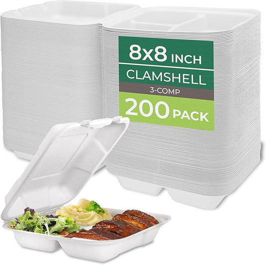 Freshware Clamshell Food Containers with Lids [8x8] 3-Compartment 200-Pack, Disposable To Go Containers, Biodegradable Sugarcane To Go Boxes - Paper Containers - Microwave & Freezer Safe, Stackable