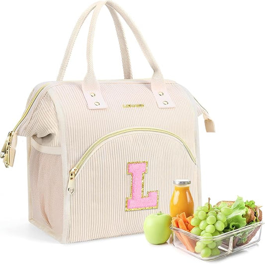 Personalized Initials Lunch Box for Women& Men, Preppy Reusable 10 L Insulated Lunch Bag, Leakproof Large Ldults lunch tote Cooler Bags Insulated for Beach,Travel,Work, Picnic-Birthday Gifts（Beige L）