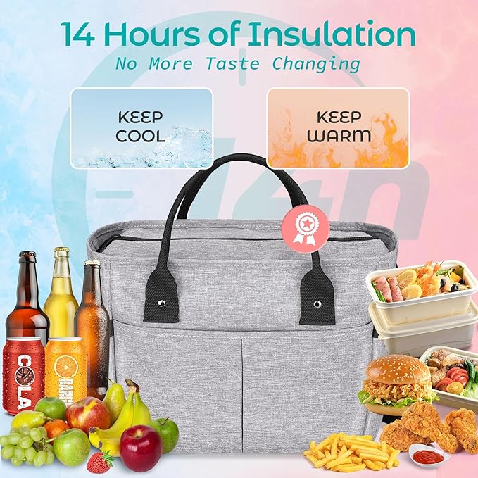 KIPBELIF Cute & Roomy Lunch Box for Women – Adults Large Insulated Lunch Bag with Shoulder Strap, Multi-Pockets, and Water Bottle Holder for Work, Picnic, and Outdoors (Extra Large Size, Gray)