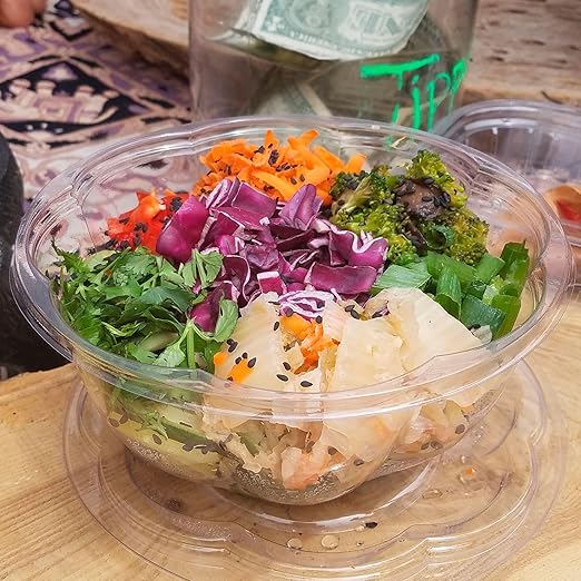 ECO PRODUCTS Compostable Clear PLA Plastic 24oz Salad Bowl With Lid, Pack of 50, Grab 'n' Go Round Cold Takeout Food Containers, Renewable Plant-Based, Disposable, ASTM Compliant, BPI-Certified
