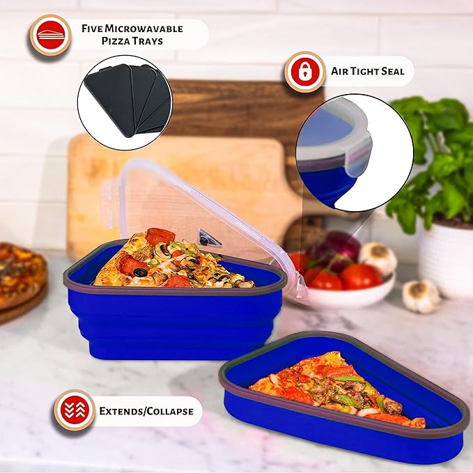 The Perfect Pizza Pack™ - Reusable Pizza Storage Container with 5 Microwavable Serving Trays - BPA-Free Adjustable Pizza Slice Container to Organize & Save Space, Blue