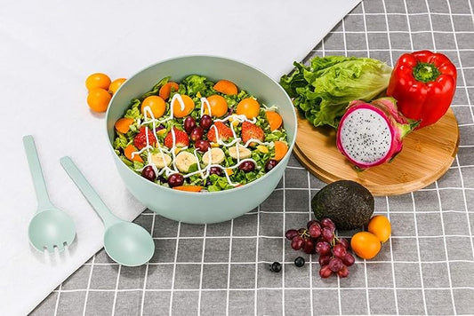 GEHE Bamboo Fiber Salad Bowl with Servers Set - Large 9.8 inches mixing bowls Solid Bamboo Salad Wooden Bowl with Bamboo Lid Spoon for Fruits,Salads and Decoration (Blue -green, 9.8INCH)
