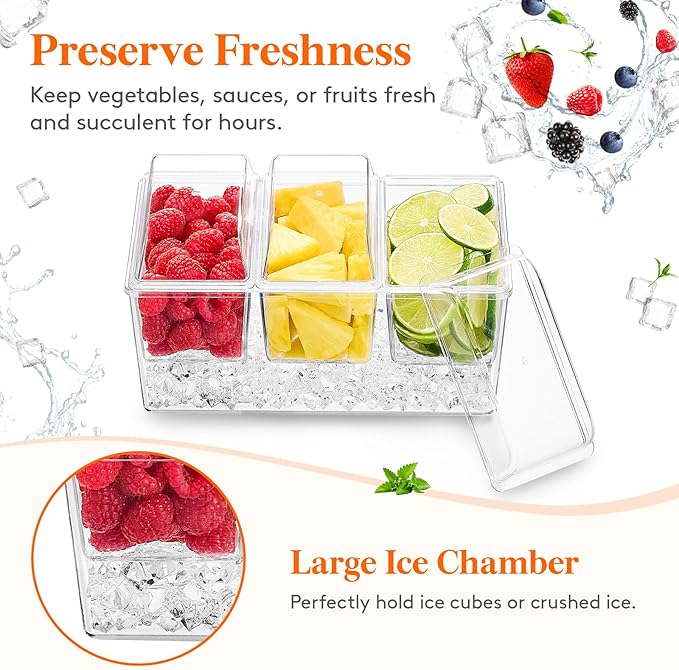 Lifewit 2 Pack Ice Chilled Condiment Caddy with 3 Containers(2.5 cup), Condiment Server with Separate Lids, Serving Tray Platter for Bar Accessories, Fruit, Salad, Taco, Party Garnish