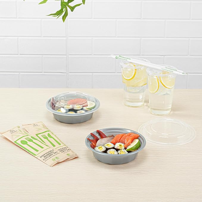Restaurantware Asporto 16 Ounce Round Take Out Containers, 100 Food Containers With Lids - Microwavable, Disposable, Silver Plastic To Go Food Containers, No BPA, For Take Out And Delivery