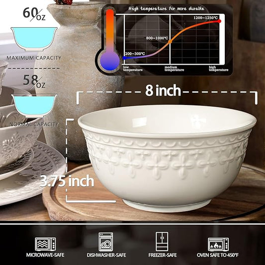 Large Salad Bowls Set of 4, 60oz White Serving Bowls Deep Deep Embossed Ceramic Mixing Bowl for Soup Kitchen, Eating, Ramen, Pasta, Dishwasher & Microwave Safe 8 inch (Cross Floral)