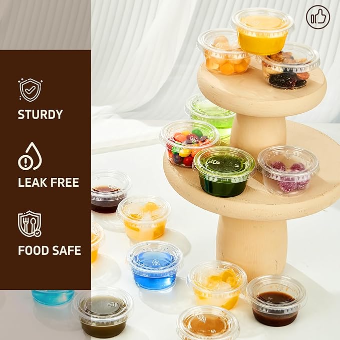 2 oz 500 pack Jello Cups with Lids, Disposable Souffle Cups with Lids, Clear Portion Cups for Dipping Sauce, Salad Dressing, Samples, Meal Prep, and Condiment, Ideal for Lunch, Party to Go, Trips