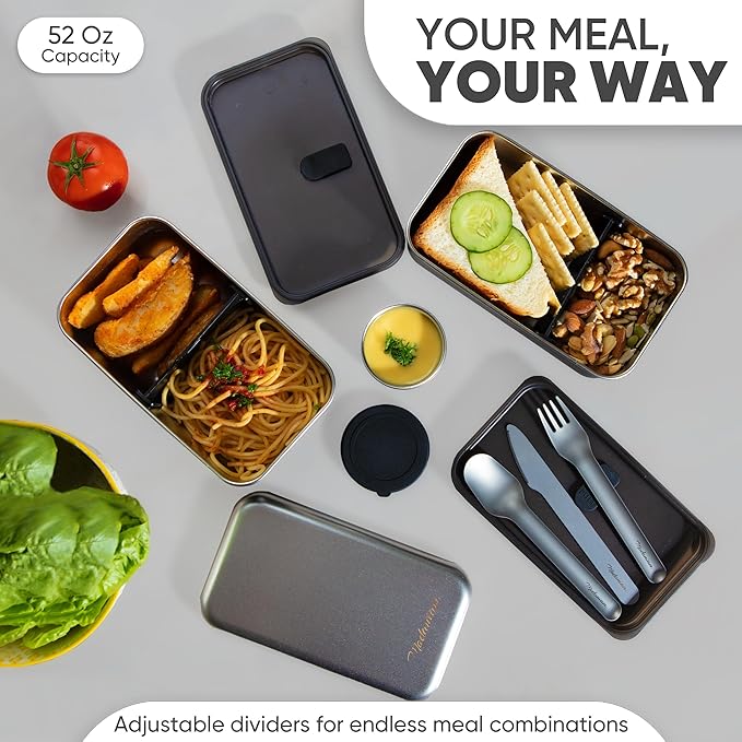 Phoenix Stainless Steel Bento Box Adult |Stackable| Microwave safe |leak proof| Bento Lunch Box for men, Women | Microwavable Metal Lunch box|Lunch Containers with compartment | 2 * 27 OZ