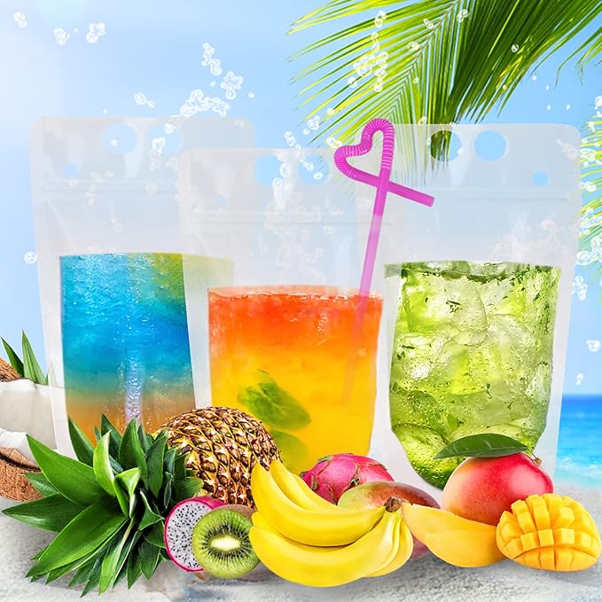 100 PCS Reusable Juice Pouches for Adults, Heavy Duty Plastic Smoothie Bags With 100 Straws Funnel for Cold Hot Drinks