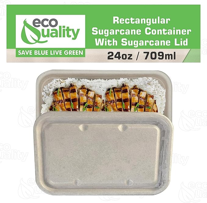 EcoQuality 24oz Disposable Bowls with Fiber Lids - Rectangular Compostable Sugarcane Fiber Biodegradable Paper Bowls Eco-Friendly Take Out Food Storage Containers, Microwave Safe, Meal Prep (500)