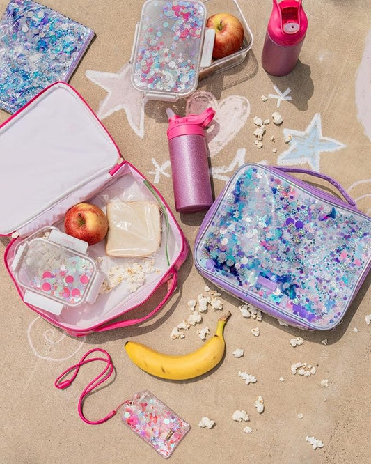 Packed Party Purple Confetti Lunchbox; Cute, Soft Insulated Lunch Bag; Lunch Box Cooler Fits a Water Bottle, Ice Packs for Cold Food, or Hot Food (Pink - Sweet Tart)