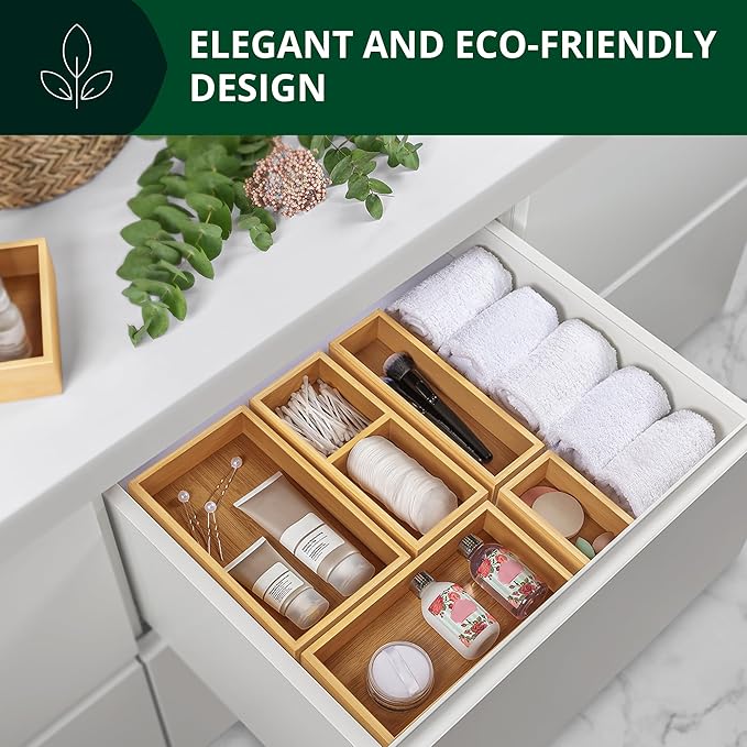 ROYAL CRAFT WOOD 5-Piece Bamboo Drawer Organizer Set – Multi-Use Storage Trays for Kitchen, Bathroom, Office, Makeup, Jewelry & More – Junk Drawer Tray, Utensil Holder, Storage Box & Bin Set (5 Boxes)