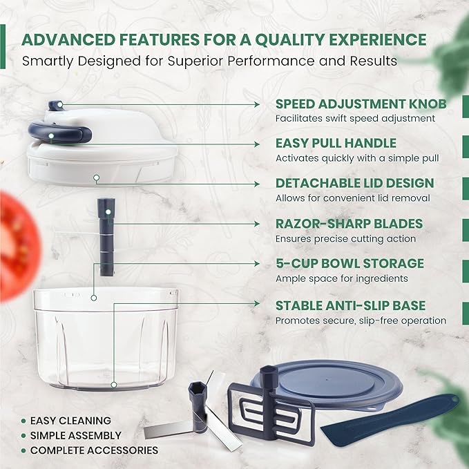Manual Food Processor - 5 Cup (1.2L) Capacity Hand Pull String Garlic Chopper, Manual Food Chopper with Pull Functionality, Pull Chopper and Vegetable Cutter for Effortless Cooking