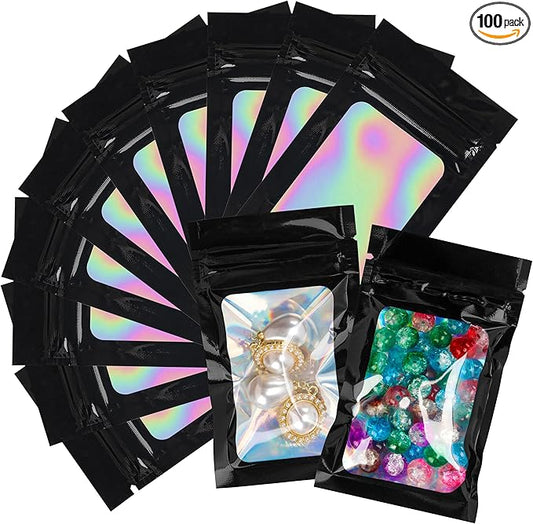 100 Pack Holographic Bags Smell Proof Bags Mylar Bags with Window for Food Storage and Small Business(Black, 2.4×4Inch)