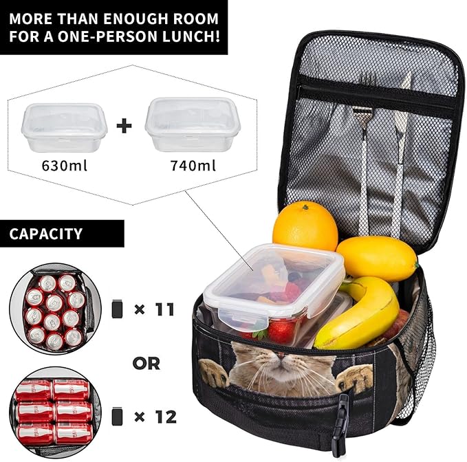 YETTA YANG Cute Funny 3d Cat Portable Lunch Bag Insulated Lunch Box Reusable Totes For Women Men Work Picnic Camping