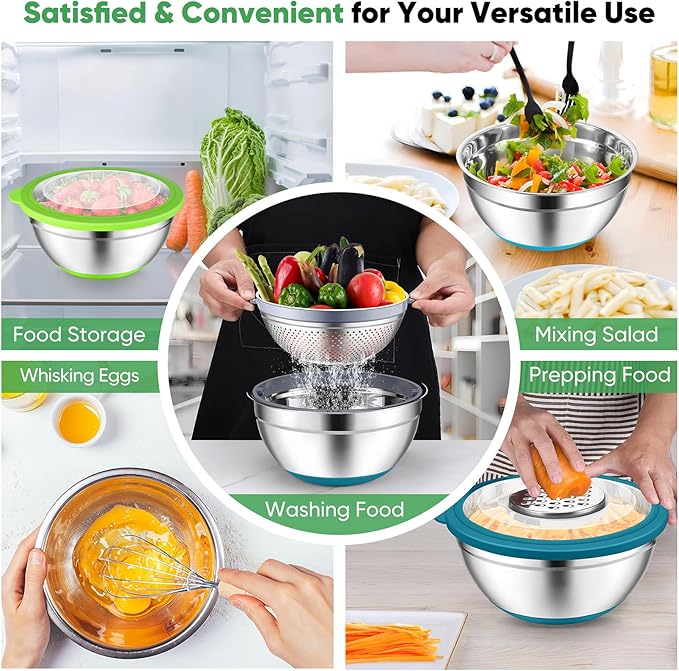 P&P CHEF Mixing Bowls with Lids Set of 3, 3 Pcs Stainless Steel Nesting Salad Bowls and Colander for Kitchen, 3 Grater Attachments & Non-Slip Bottoms, Visible & Airtight Lid, Multicolor