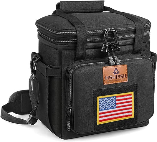 HSHRISH Double Deck Tactical Lunch Box, Large Expandable Insulated Lunch Bag, Durable Waterproof Leakproof Cooler Bag with Flag for Adults/Men/Work Outdoor Trips, 20 Cans/15 L, Black