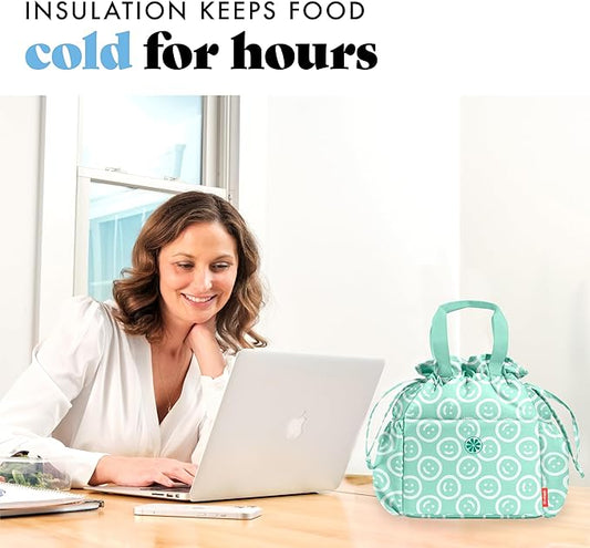 Fit & Fresh Lunch Bag For Women, Insulated Womens Lunch Bag For Work, Stain-Resistant Large Lunch Box For Women With Containers, Cinch Closure Cromwell Bag, All Smiles Mint