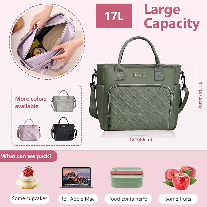 17L Insulated Lunch Bag for Women, LeakProof Insulated Work Lunch Box with Adjustable Shoulder Strap, Large Lunch Cooler Tote for Office, Commute & Travel (Sage Green)
