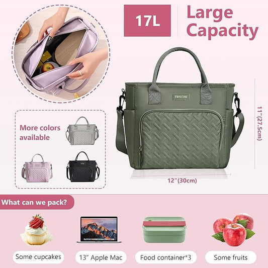 17L Insulated Lunch Bag for Women, LeakProof Insulated Work Lunch Box with Adjustable Shoulder Strap, Large Lunch Cooler Tote for Office, Commute & Travel (Sage Green)