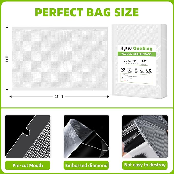 HytusCooking 150 Gallon Vacuum Sealer Bags for Food (11" x 16"),Heavy Duty Pre-Cut Food Vacuum Seal Storage Bags,Commercial Grade Embossed Sous Vide bags for Food Storage,Meal Prep,Microwave, BPA-Free
