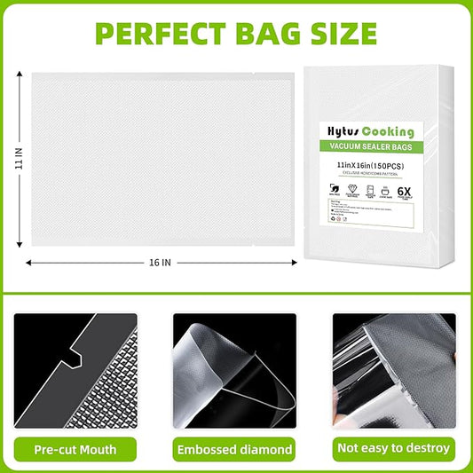 HytusCooking 150 Gallon Vacuum Sealer Bags for Food (11" x 16"),Heavy Duty Pre-Cut Food Vacuum Seal Storage Bags,Commercial Grade Embossed Sous Vide bags for Food Storage,Meal Prep,Microwave, BPA-Free