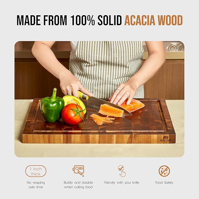 Bearchop Acacia Wood Cutting Boards for Kitchen, [17"x13"x1"] Medium End Grain Cutting Boards, Solid Wood Butcher Block Cutting Board with Juice Grooves and Handle, Knife Friendly, Reversible
